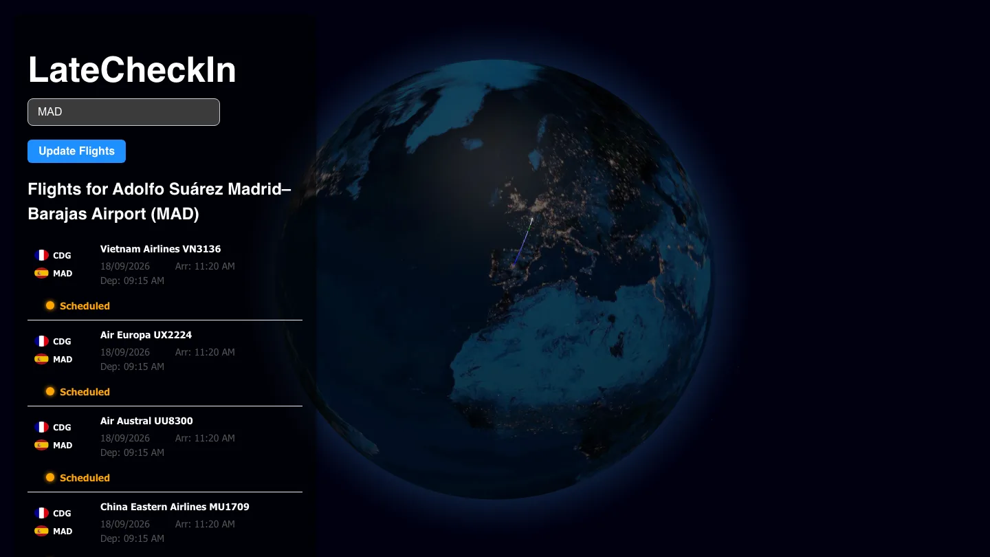 LateCheckIn screenshot: a list of flights arriving at Madrid-Barajas on the left, and a night-time 3D globe centered on Europe with a route drawn from Paris to Madrid.