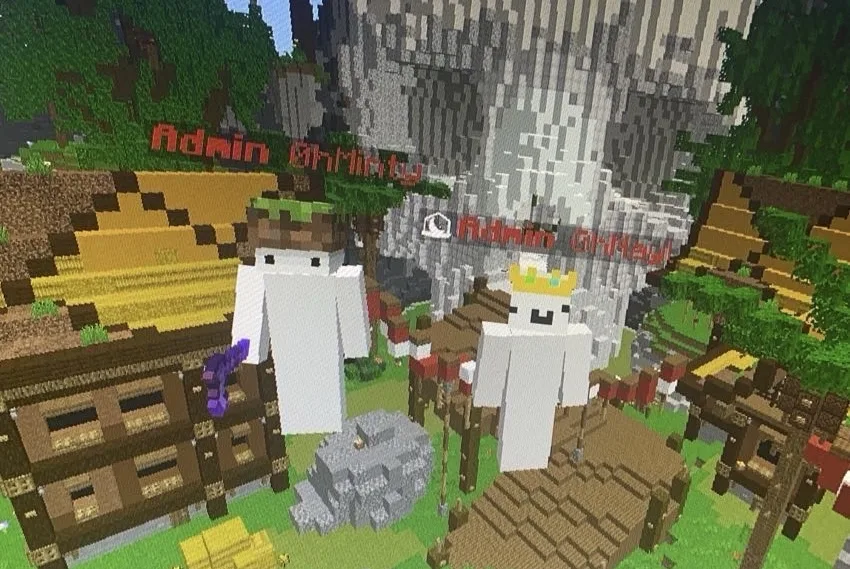 Minecraft screenshot: two white characters in a blocky village, tagged Admin OhMinty and Admin OhMayl, in front of a stone cliff.